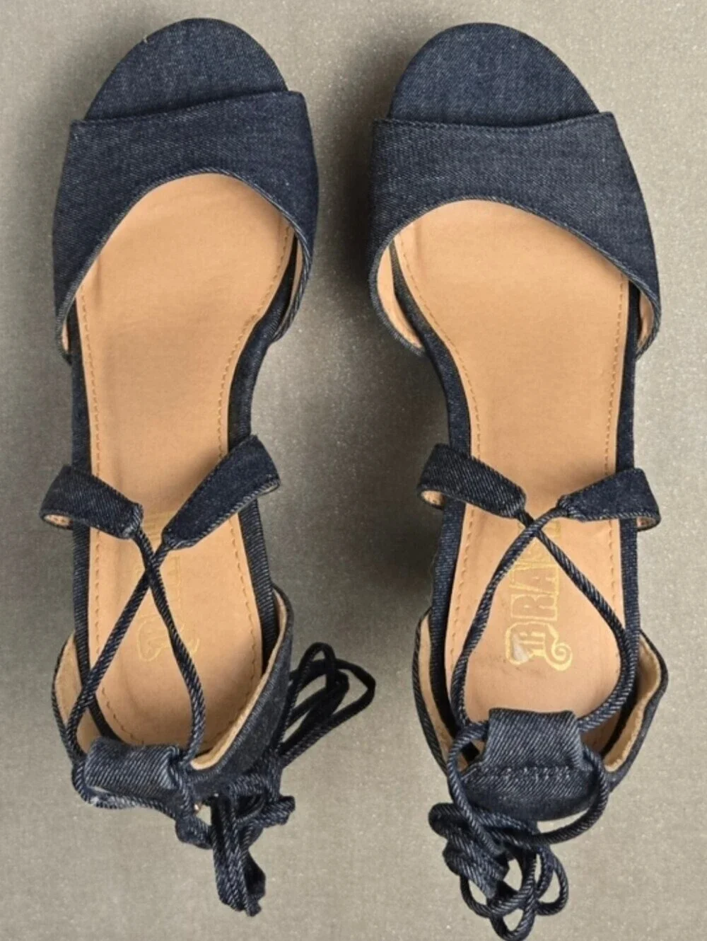 Brash Denim Lace Up Platform Heels Chunky Wooden Sandals Size 8.5